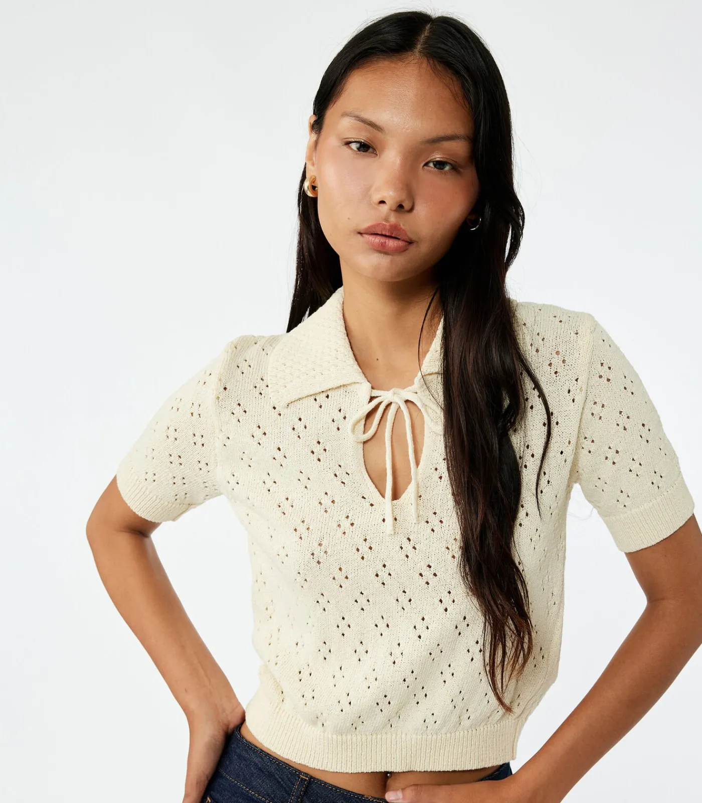 Koton Ajourtrui Korte Mouwen Met Strik beige