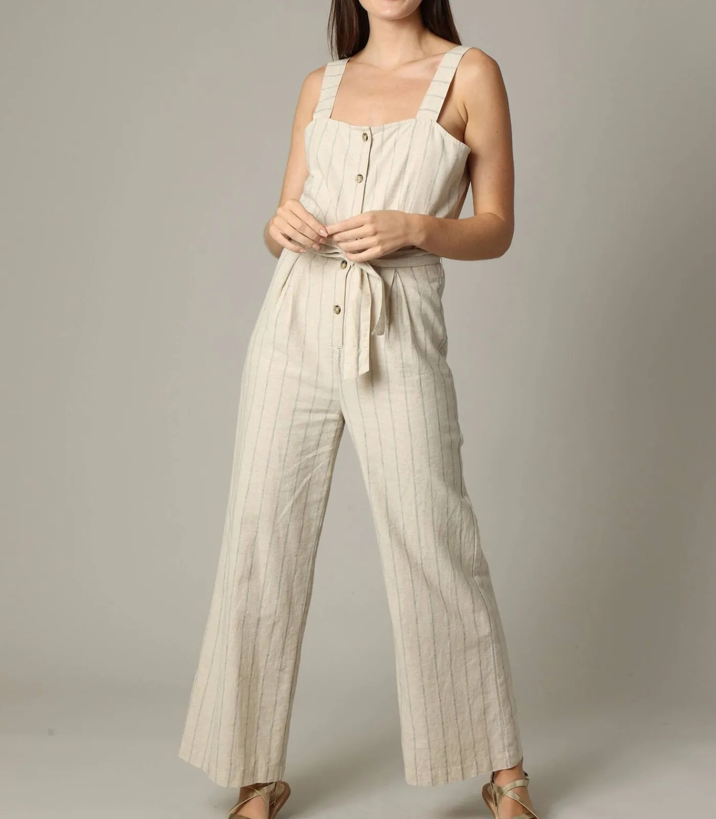Deeluxe AYLA - Gestreepte linnen damesjumpsuit met knoopsluiting aan de voorkant lightGreen Outlet