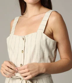 Deeluxe AYLA - Gestreepte linnen damesjumpsuit met knoopsluiting aan de voorkant lightGreen Outlet