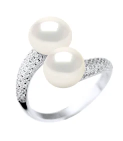 Pearls & Colors Bague Toi & Moi - Véritable Perles de Culture d'Eau Douce Boutons 9-10 mm - Colori Blanc Naturel - Qualité AAA + - Taille Réglable - 925 Millièmes white Online