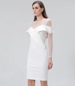 Smart & Joy Bardot halslijn bodycon jurk in jersey en tule white Clearance