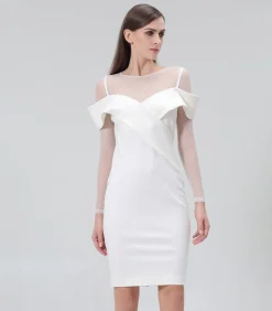 Smart & Joy Bardot halslijn bodycon jurk in jersey en tule white Clearance