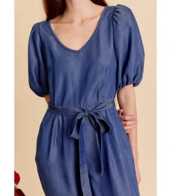J&JOY Blauwe jumpsuit met strik aan de taille en korte pofmouwen blue Sale