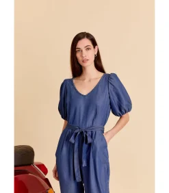 J&JOY Blauwe jumpsuit met strik aan de taille en korte pofmouwen blue Sale