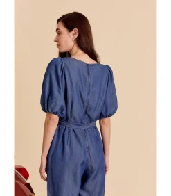 J&JOY Blauwe jumpsuit met strik aan de taille en korte pofmouwen blue Sale