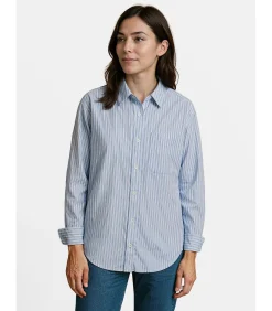J&JOY Blauw-wit gevoerde damesblouse blue Best