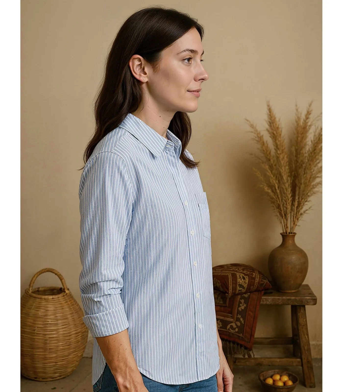J&JOY Blauw-wit gevoerde damesblouse blue Best