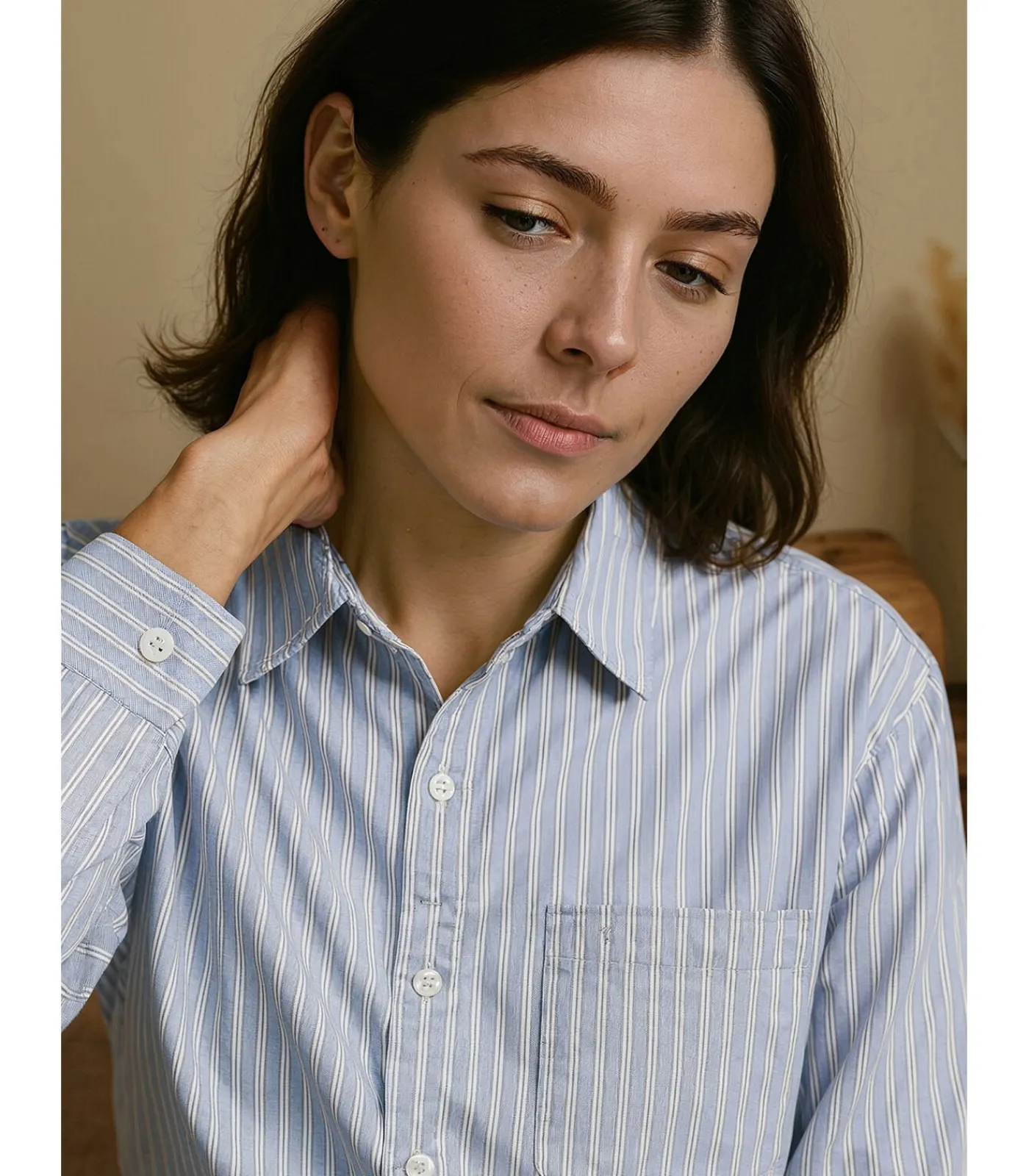 J&JOY Blauw-wit gevoerde damesblouse blue Best