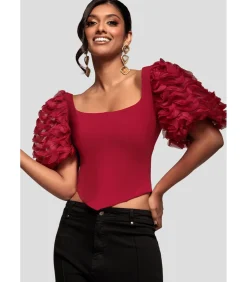 Goddiva Blouse Met Korte Mouwen “3D Textu Sleeve Scuba Corset Top” red Discount