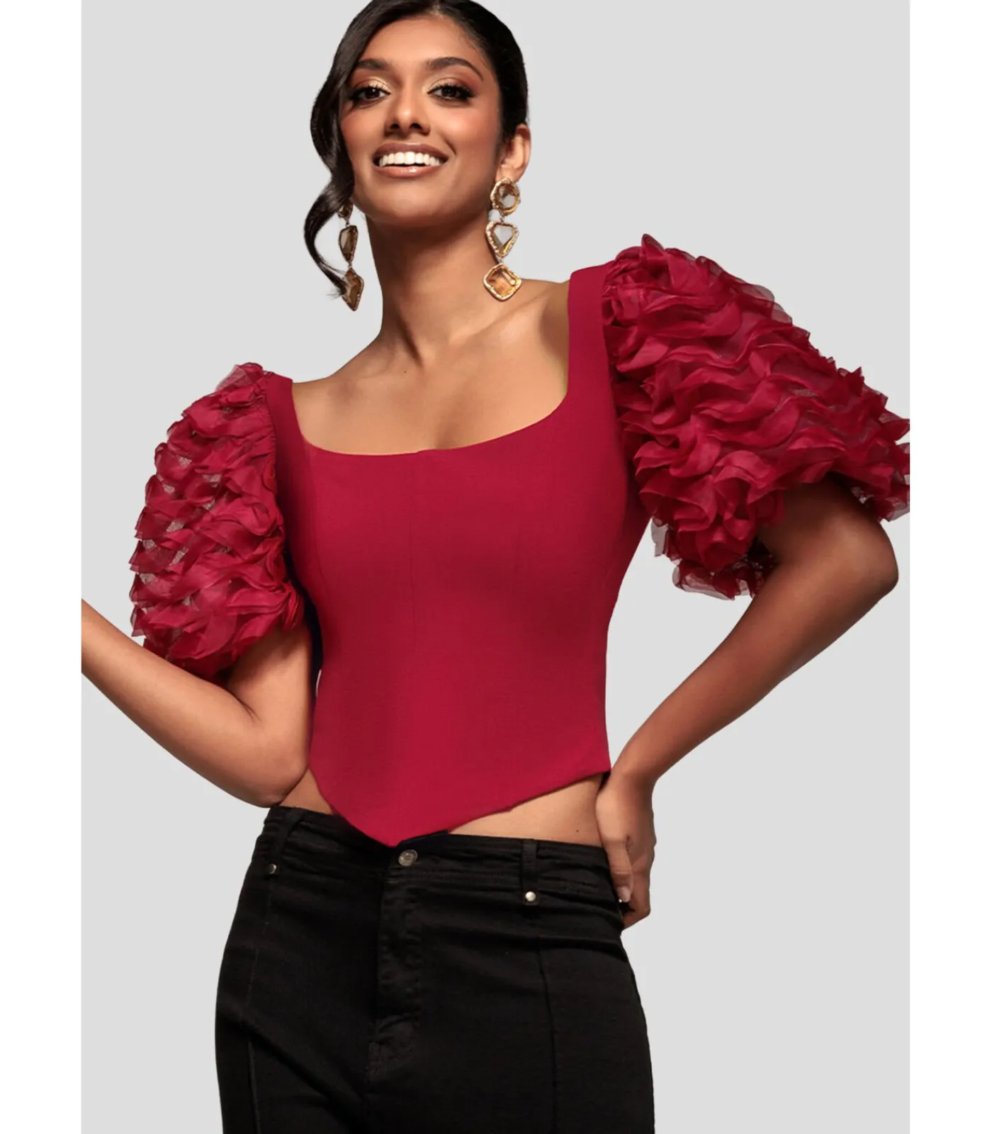 Goddiva Blouse Met Korte Mouwen “3D Textu Sleeve Scuba Corset Top” red Discount
