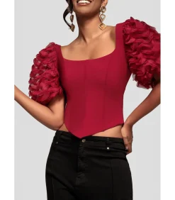Goddiva Blouse Met Korte Mouwen “3D Textu Sleeve Scuba Corset Top” red Discount