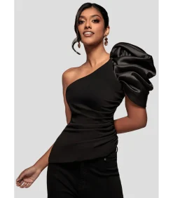 Goddiva Blouse Met Korte Mouwen “One Shoulder Puffed Satin Sleeve Asymmetric Scuba Top” black New