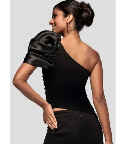 Goddiva Blouse Met Korte Mouwen “One Shoulder Puffed Satin Sleeve Asymmetric Scuba Top” black New