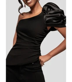 Goddiva Blouse Met Korte Mouwen “One Shoulder Puffed Satin Sleeve Asymmetric Scuba Top” black New