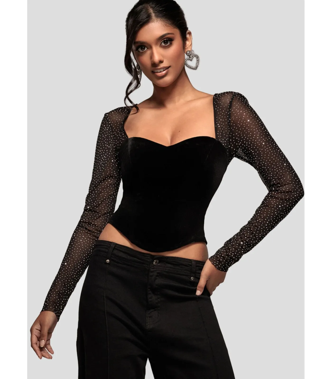 Goddiva Blouse Met Lange Mouwen “Diamante Long Sleeve Velvet Dipped Hem Top” black Clearance