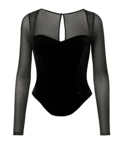 Goddiva Blouse Met Lange Mouwen “Diamante Long Sleeve Velvet Dipped Hem Top” black Clearance