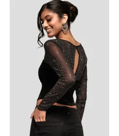 Goddiva Blouse Met Lange Mouwen “Diamante Long Sleeve Velvet Dipped Hem Top” black Clearance