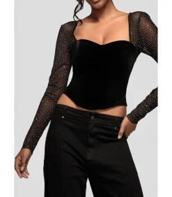 Goddiva Blouse Met Lange Mouwen “Diamante Long Sleeve Velvet Dipped Hem Top” black Clearance