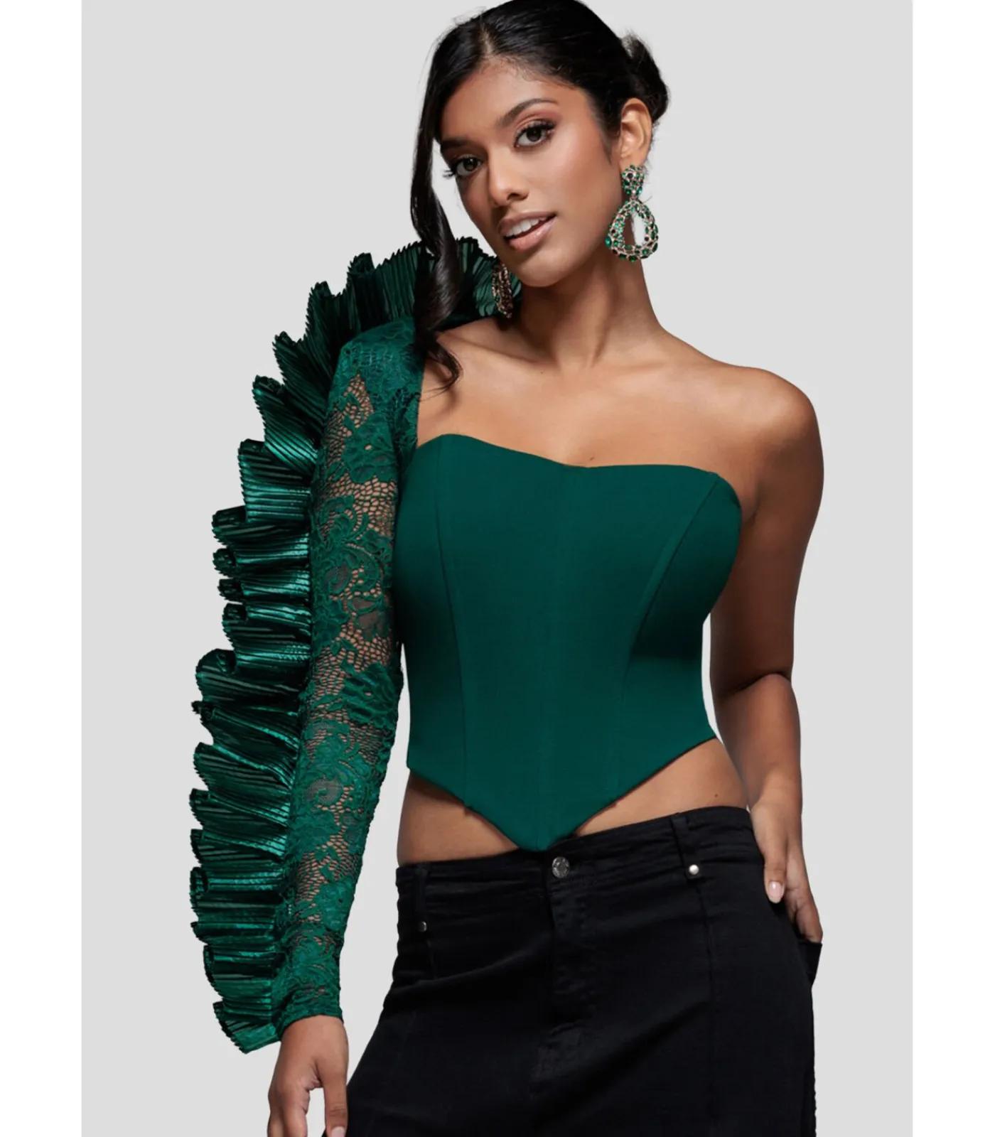 Goddiva Blouse Met Lange Mouwen “One Shoulder Fan Pleat Frill Corset Top” oliveGreen Outlet
