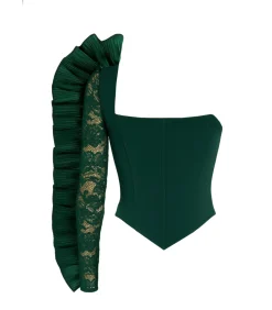 Goddiva Blouse Met Lange Mouwen “One Shoulder Fan Pleat Frill Corset Top” oliveGreen Outlet
