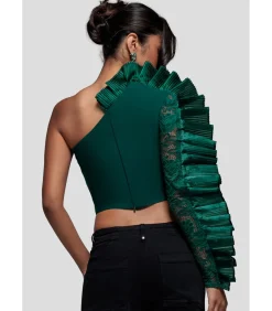 Goddiva Blouse Met Lange Mouwen “One Shoulder Fan Pleat Frill Corset Top” oliveGreen Outlet