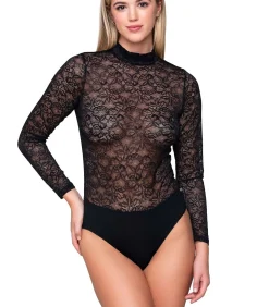LUNA Body van kant met lange mouwen en opstaande kraag MICRO black Outlet