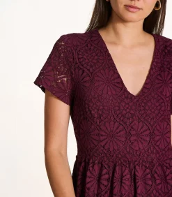 La Fée Maraboutée Bordeaux midi-jurk van kant met korte mouwen brown