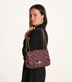 La Fée Maraboutée schoudertas van leer en tweed met kettinghengsel bordeaux