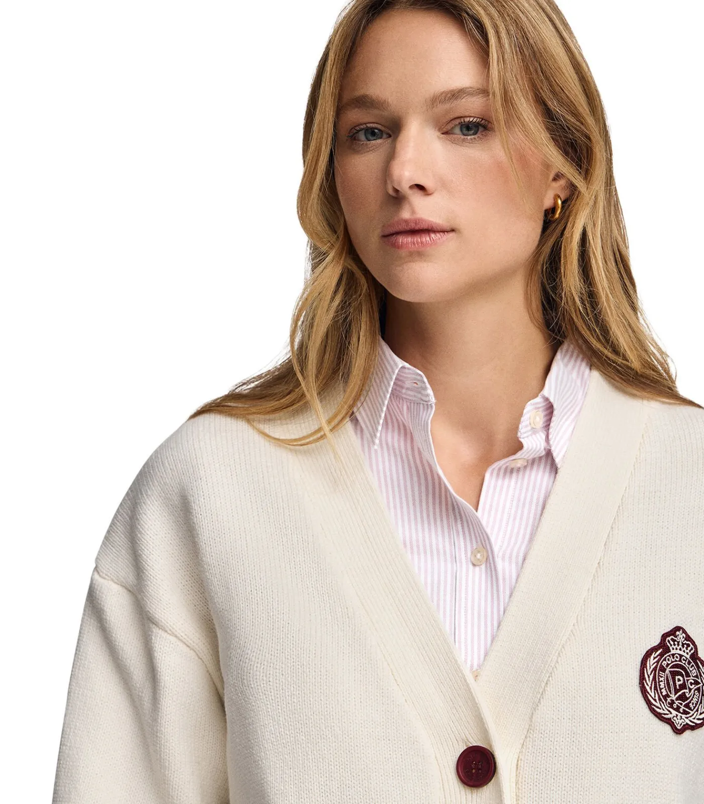 Polo Club Bordeauxrode cardigan met V-hals, knopen en nautische -patch darkRed