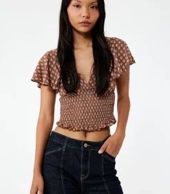 Koton Bruine Korte Top Met V-Hals En Batwing Mouwen brown Clearance