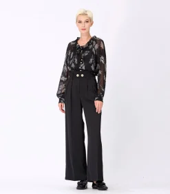 Smart & Joy Chiffon blouse met verenprint en strikkraag black New
