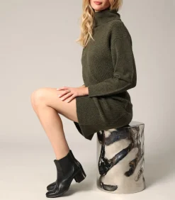 Deeluxe CLOELIE - Zachte gebreide trui-jurk met hoge hals khaki Sale