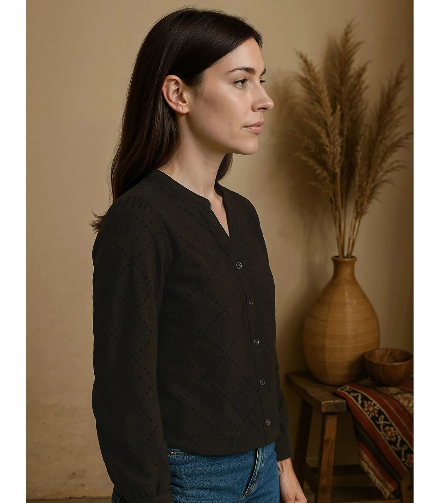J&JOY Dames geperforeerd T-shirt met lange mouwen black Hot