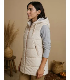 J&JOY Dames lange mouwloze jas met capuchon beige Best