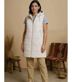 J&JOY Dames lange mouwloze jas met capuchon beige Best