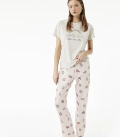 Koton Dames Pyjama Set Lange Mouwen Katoen Bedrukt beige Outlet