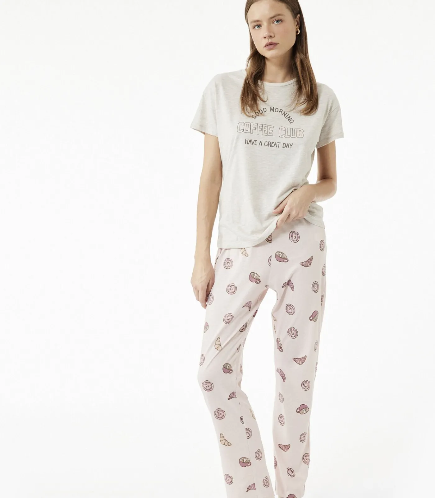 Koton Dames Pyjama Set Lange Mouwen Katoen Bedrukt beige Outlet