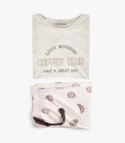 Koton Dames Pyjama Set Lange Mouwen Katoen Bedrukt beige Outlet