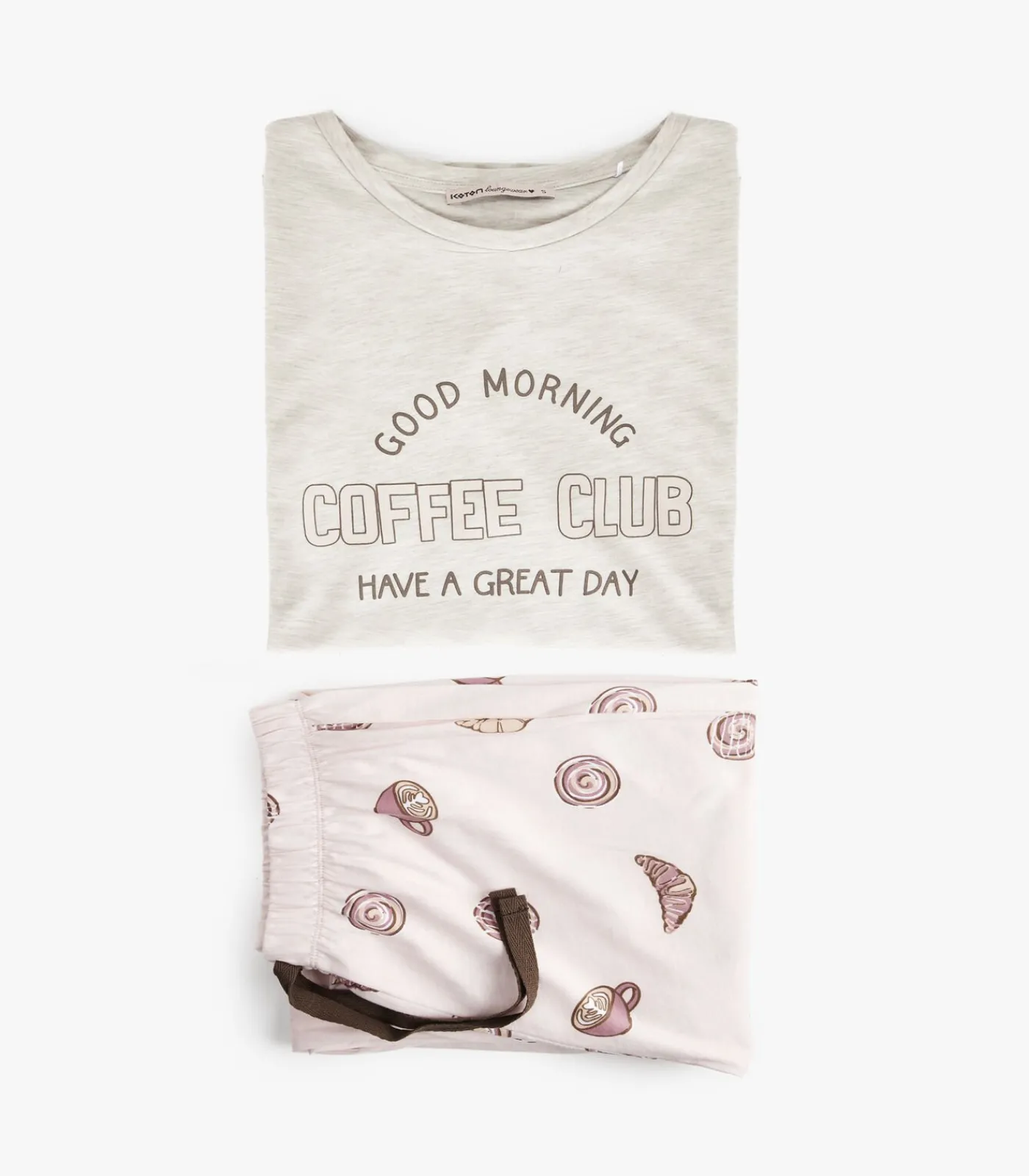 Koton Dames Pyjama Set Lange Mouwen Katoen Bedrukt beige Outlet