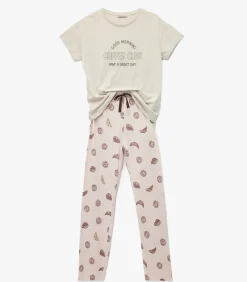 Koton Dames Pyjama Set Lange Mouwen Katoen Bedrukt beige Outlet