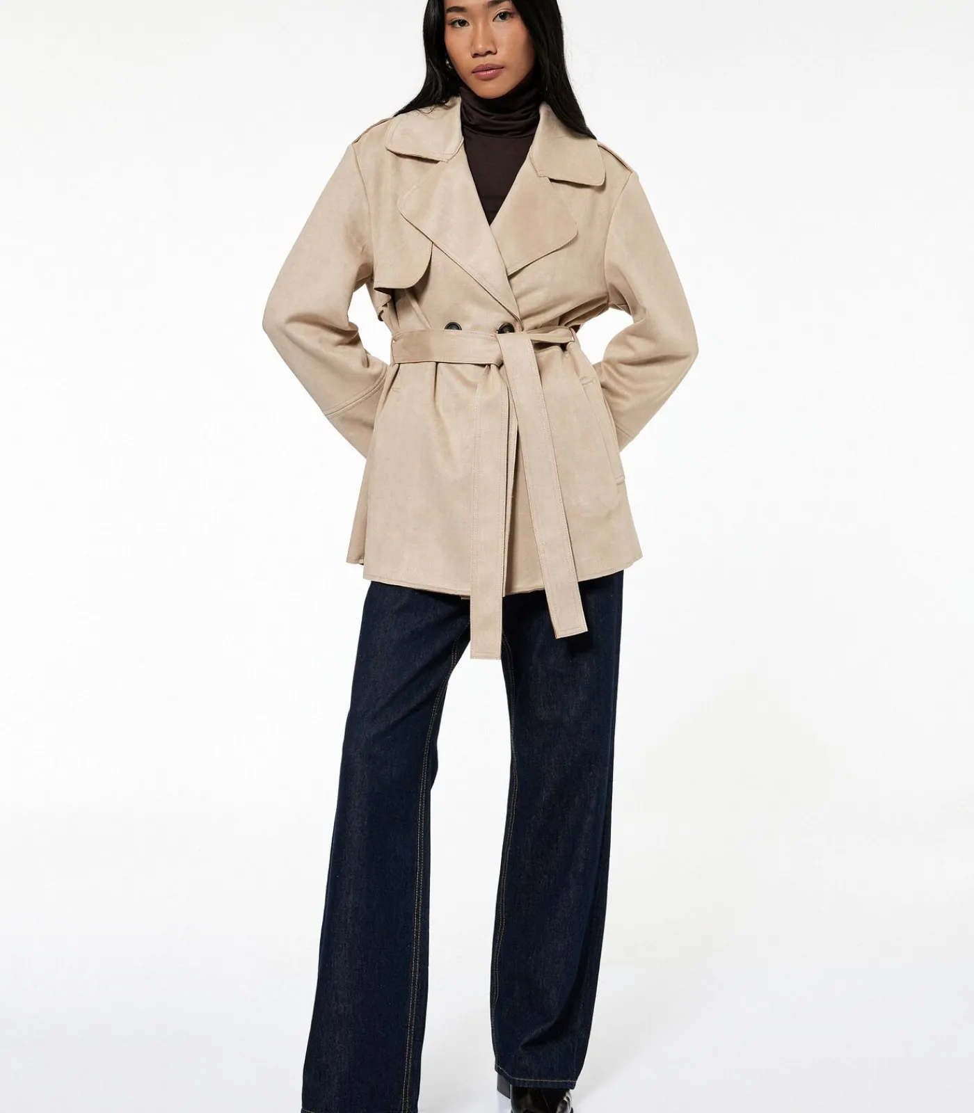 Koton Dames Trenchcoat Kunstsuède Lang Ceintuur beige Online