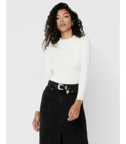 Only Dames-T-shirt Emma met lange mouwen - Col Montant white Hot