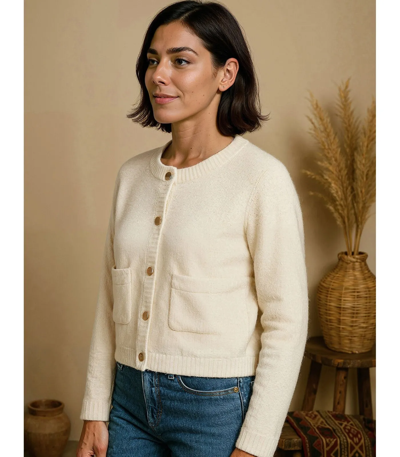 J&JOY Damesvest met knoopsluiting en zakken beige Sale