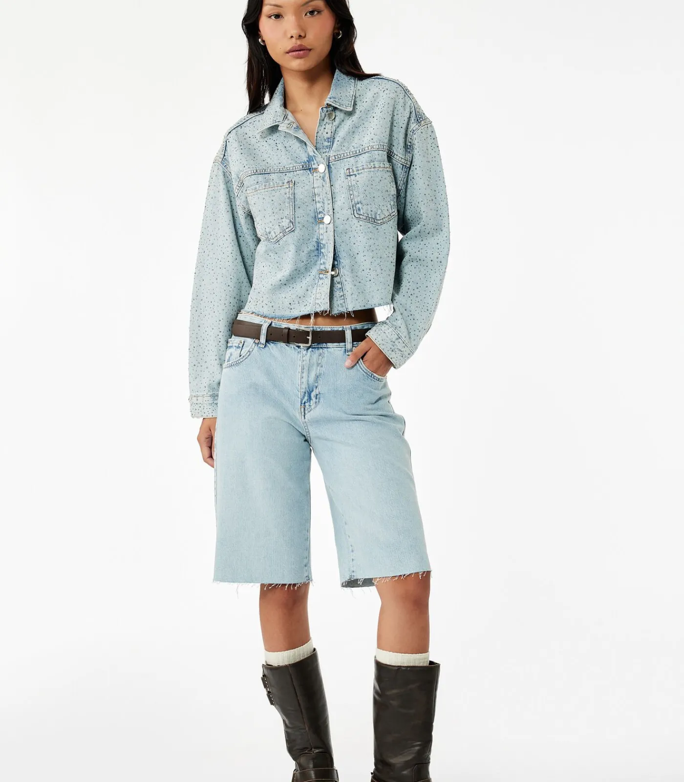 Koton Denim Jas Knoopsluiting Lange Mouwen Met Strass Indigo