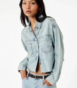 Koton Denim Jas Knoopsluiting Lange Mouwen Met Strass Indigo