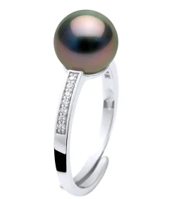 Pearls & Colors Echte Tahitiaanse gekweekte parelring rond 8-9 mm - kwaliteit A + - 925 zilveren duizendsten - verstelbare maat black Hot