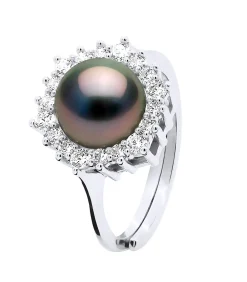 Pearls & Colors Echte Tahitiaanse gekweekte parelring rond 8-9 mm - kwaliteit A + - 925 zilveren duizendsten - verstelbare maat black New