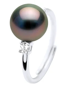 Pearls & Colors Echte Tahitiaanse gekweekte parelring rond 8-9 mm - kwaliteit A + - 925 zilveren duizendsten - verstelbare maat black Outlet