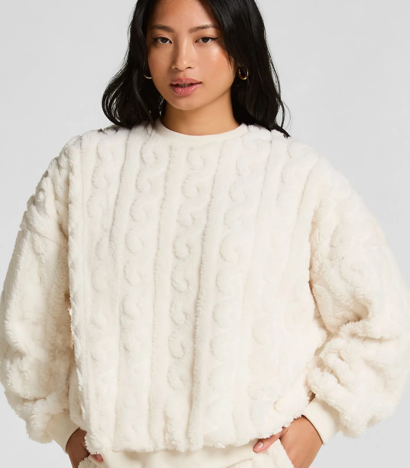 Hunkemöller Fleece top met kabelontwerp white Discount