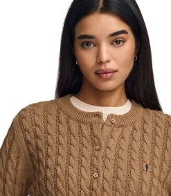 Polo Club Gemêleerd camelkleurige kabelgebreide cardigan met geborduurd Rigby Go-logo darkBrown Hot